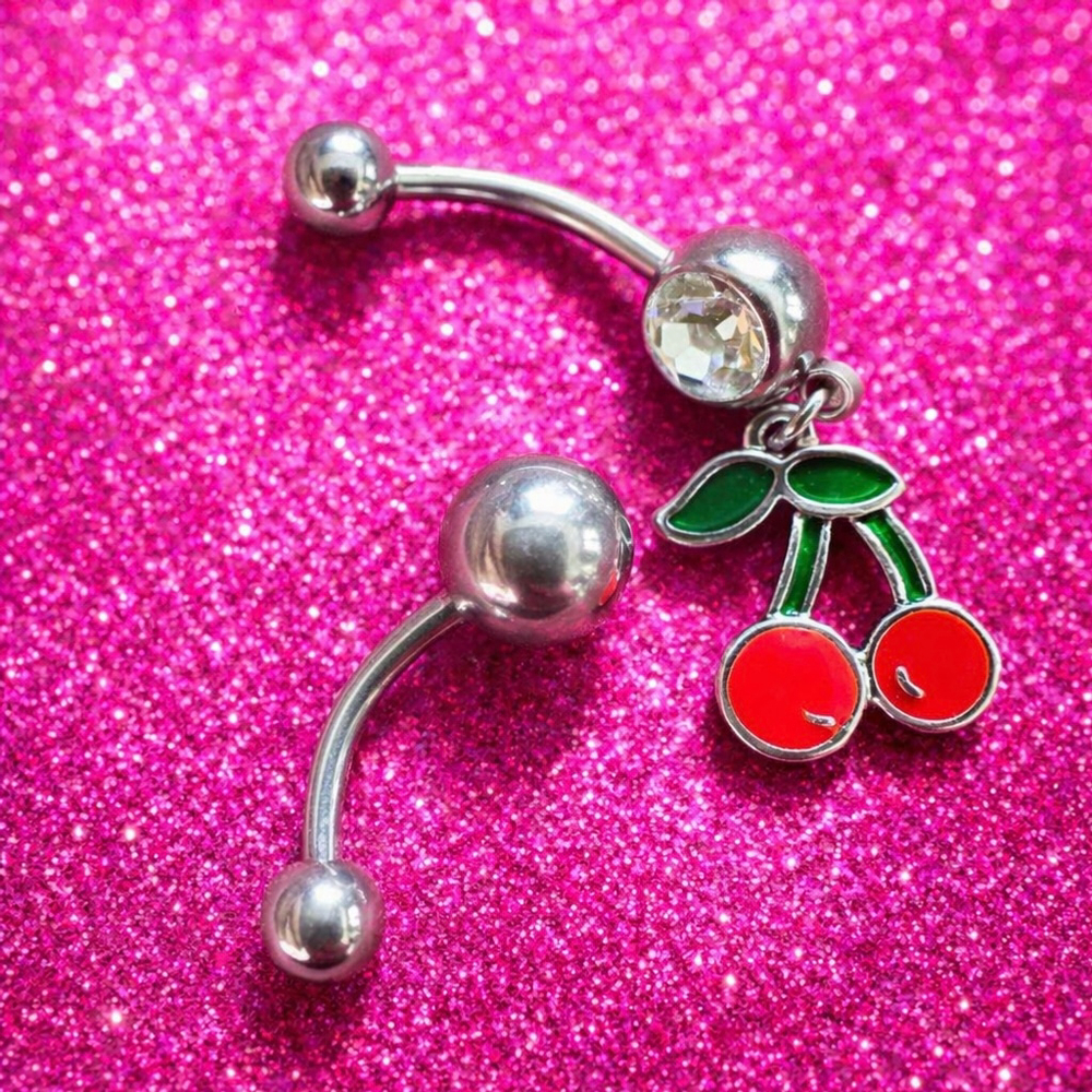 Cherry Belly Button Ring Set Silver Tone Navel Piercing Cute Charm